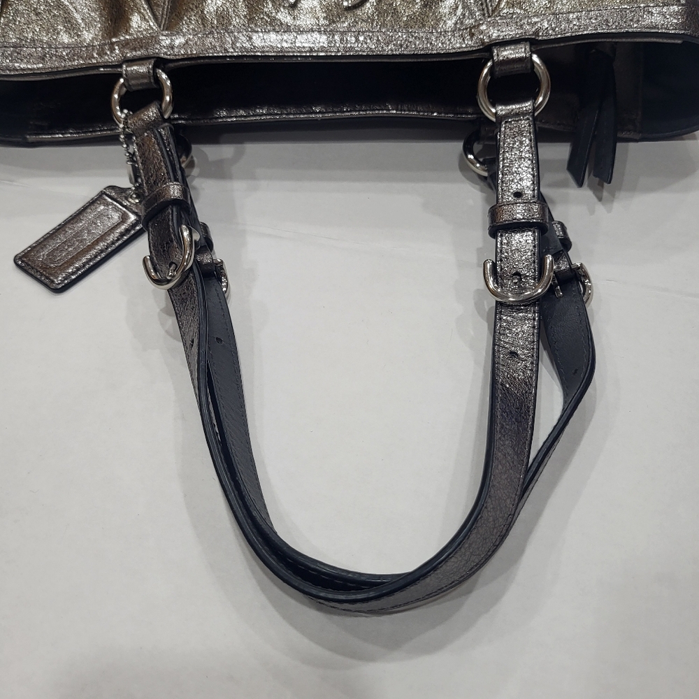 Coach Metallic Silver Gray Leather Handbag Zipper Tote Shoulder Bag - Picture 11 of 14